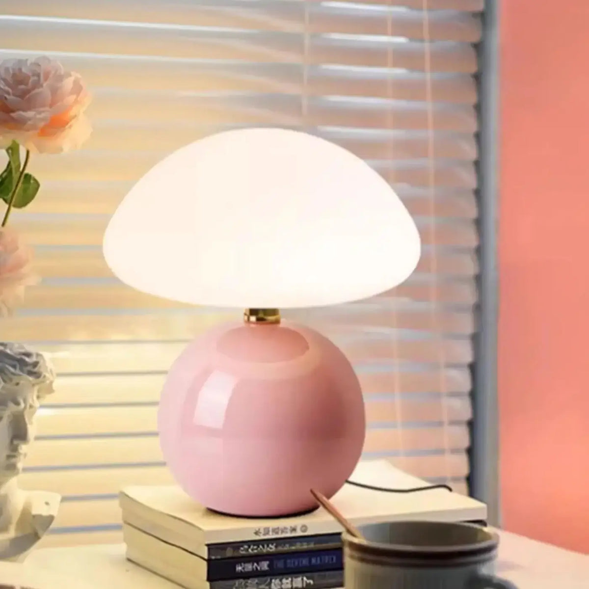 Lampe Champignon Rose Opaline – Vimine