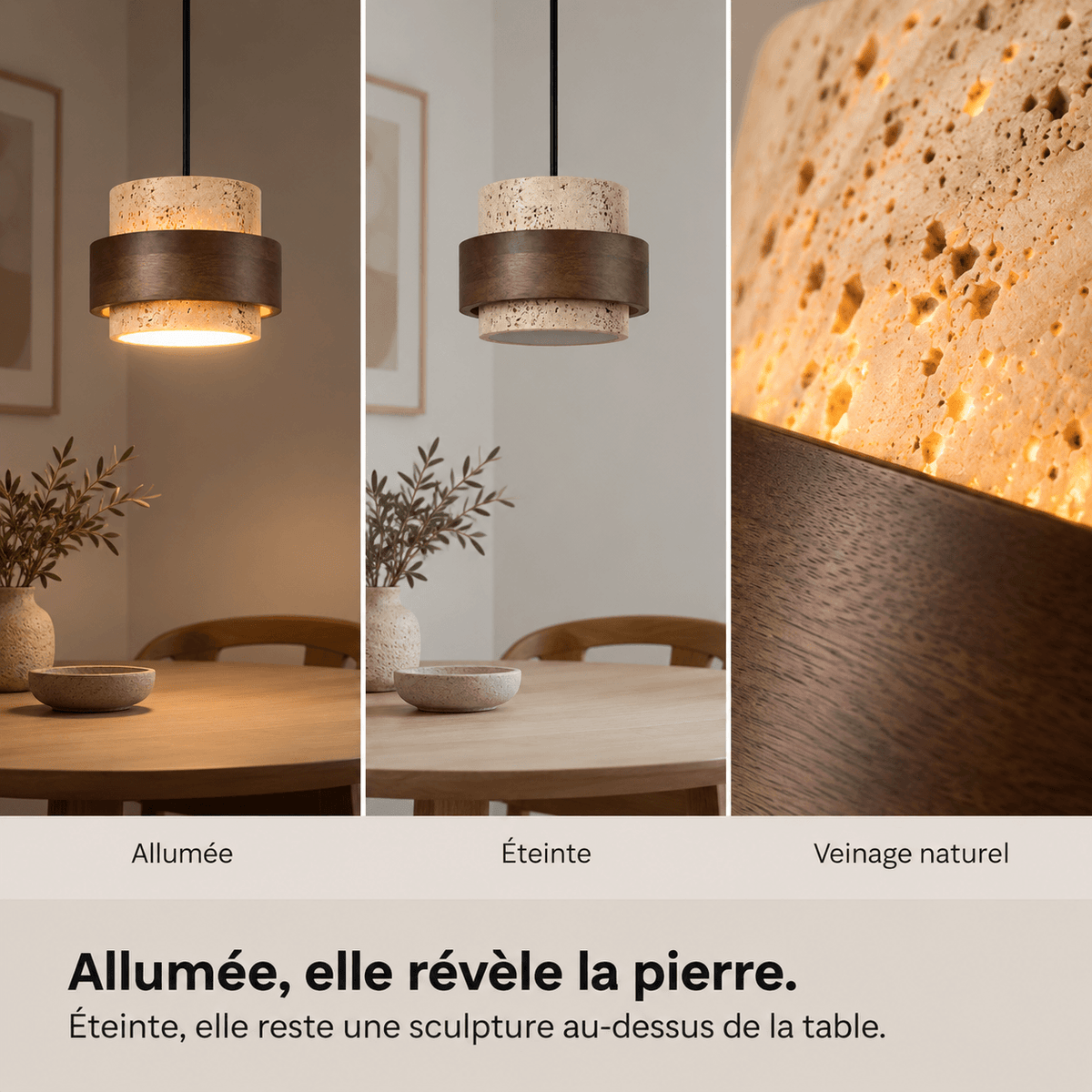 Suspension en Travertin et Bois – Théa