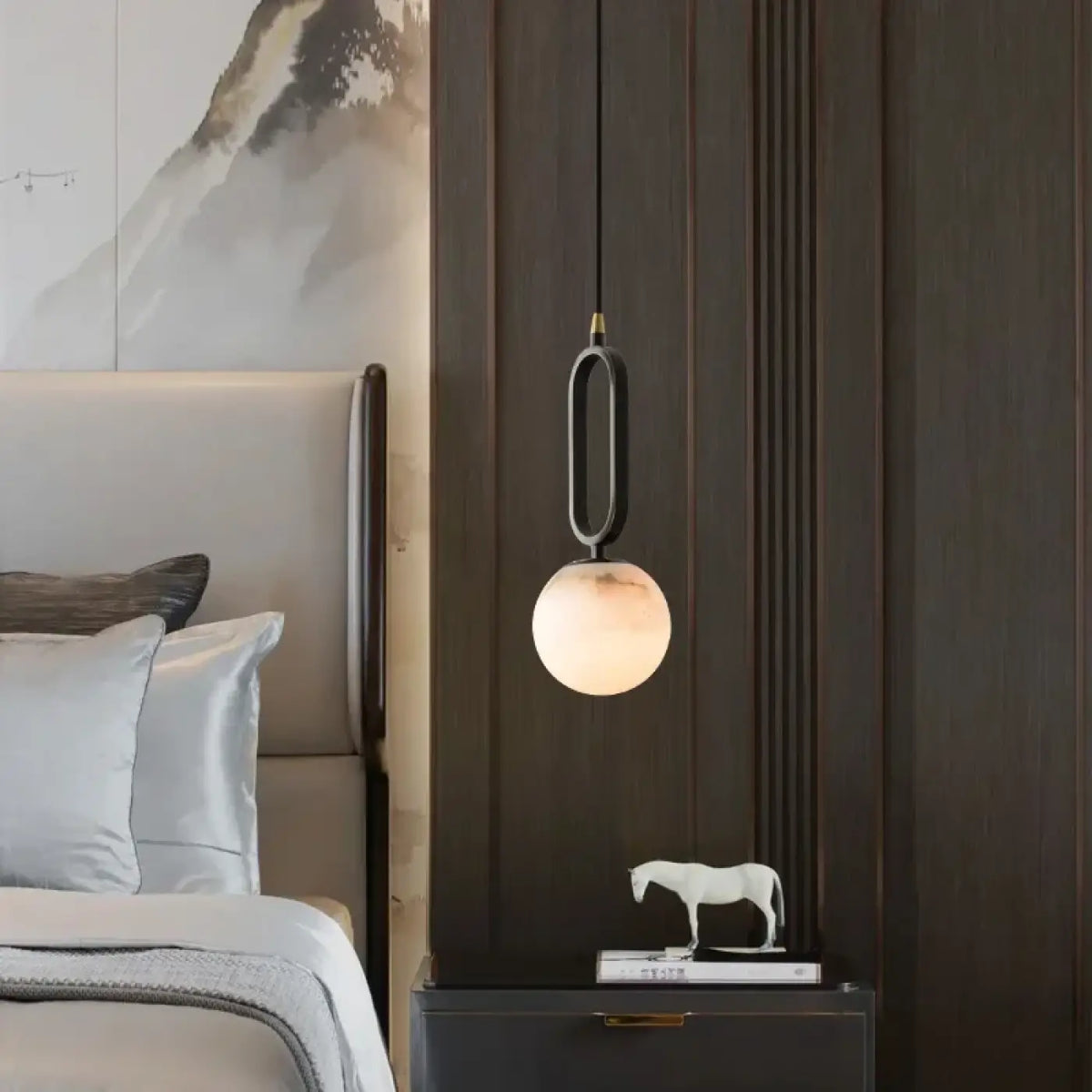 Suspension Globe Marbre et Anneau Noir – Kério