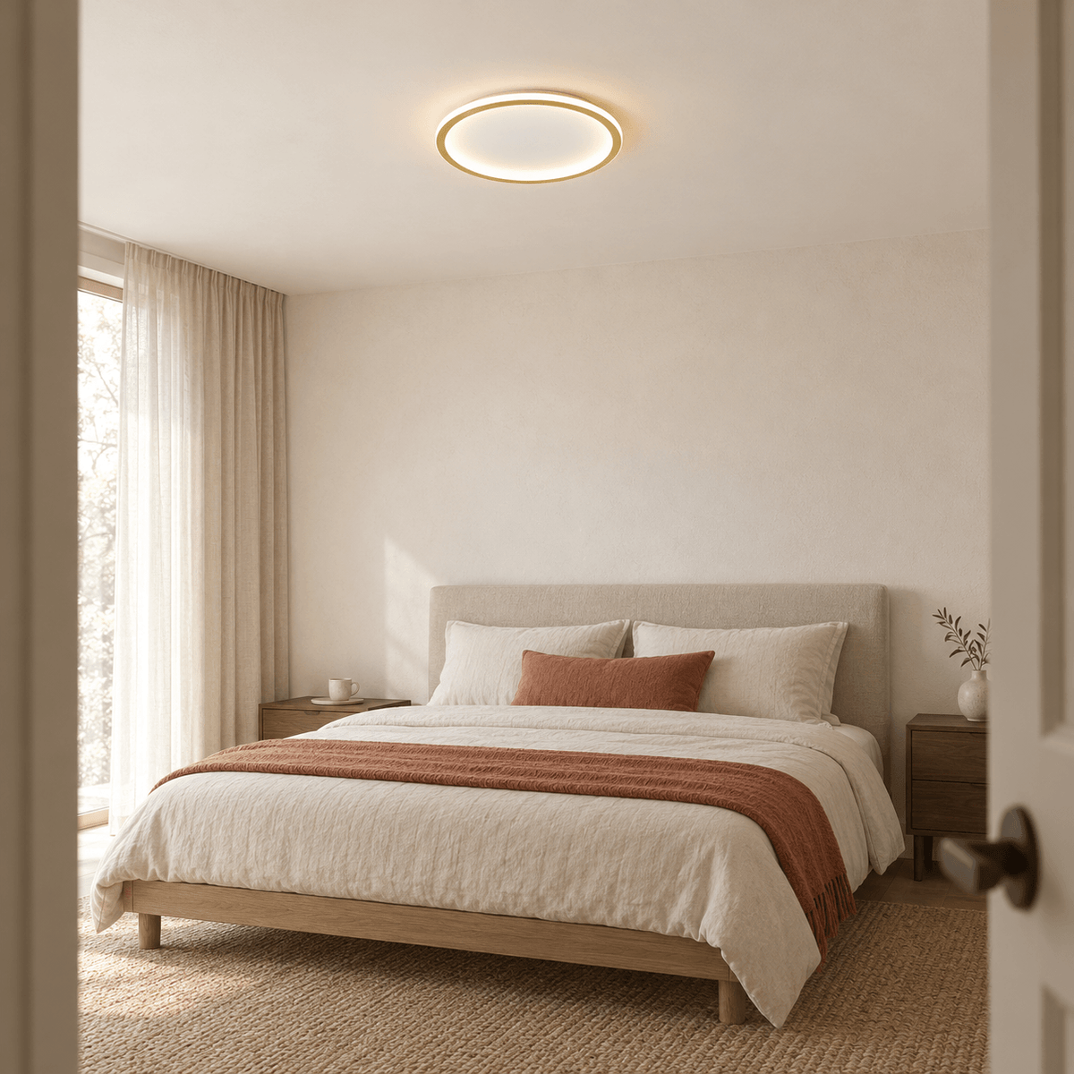 Plafonnier LED rond extra-plat Halo allumé au plafond, mise en situation