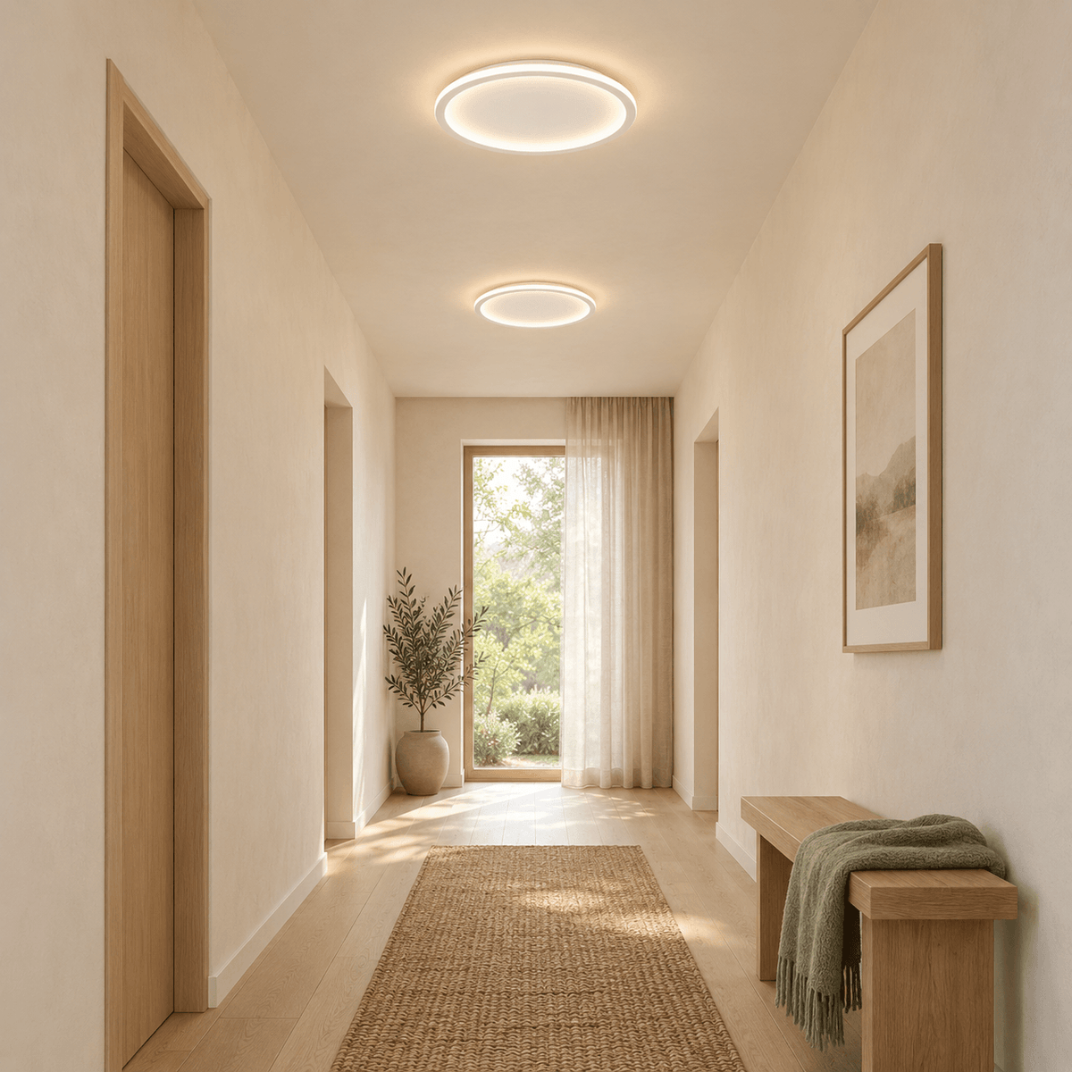 Plafonnier rond Halo de 5 cm d'épaisseur dans une pièce lumineuse
