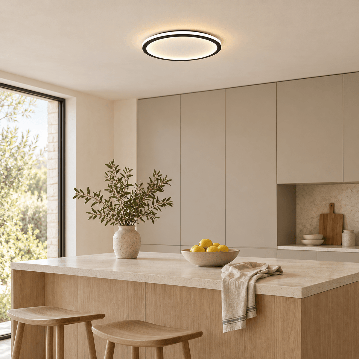 Plafonnier LED Halo allumé, diffuseur opalin et anneau aluminium
