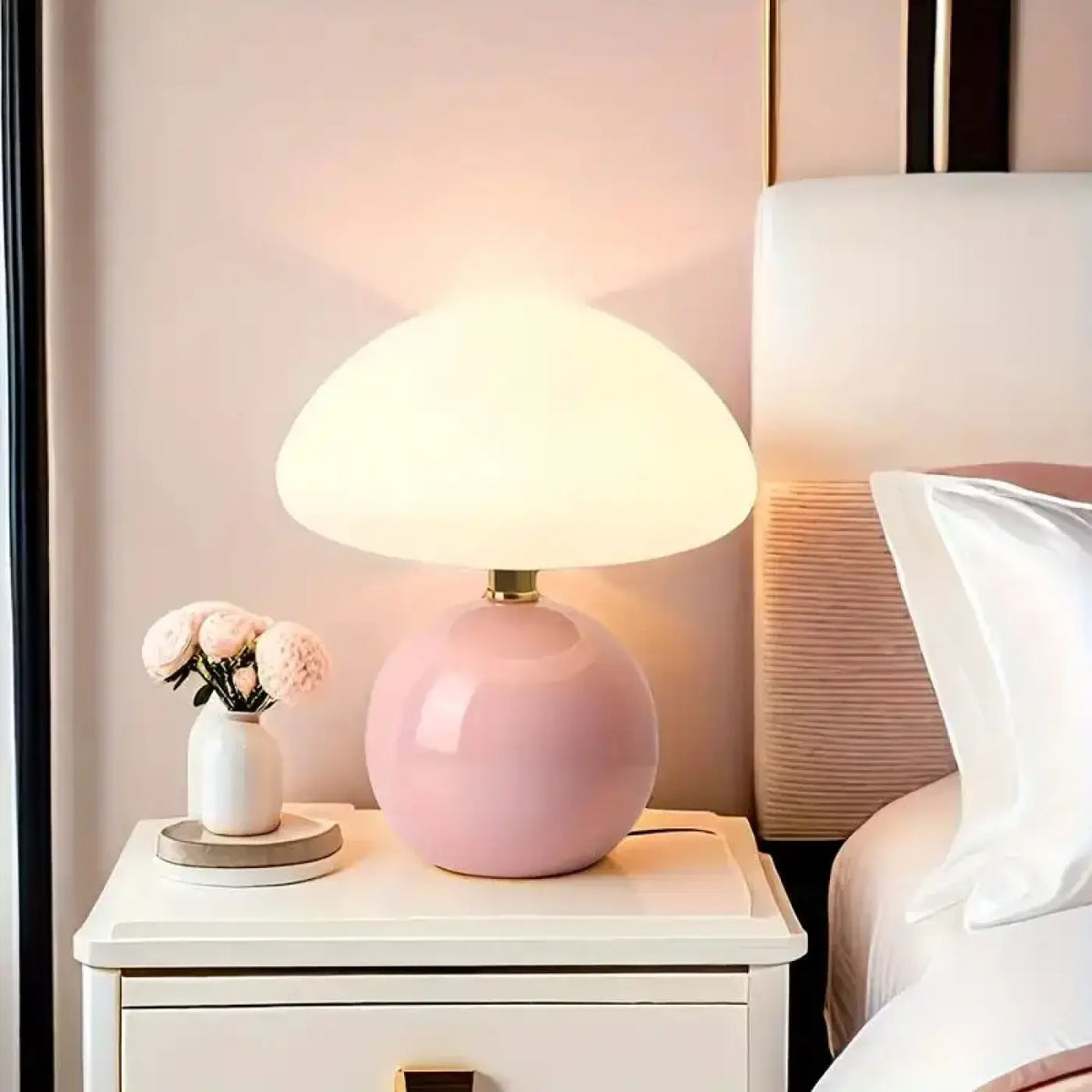 Lampe Champignon Rose Opaline – Vimine