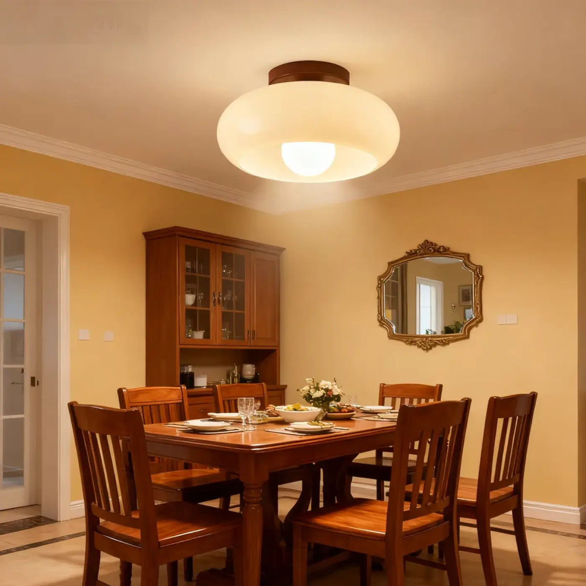 Plafonnier en Verre Blanc et Bois – Fidan