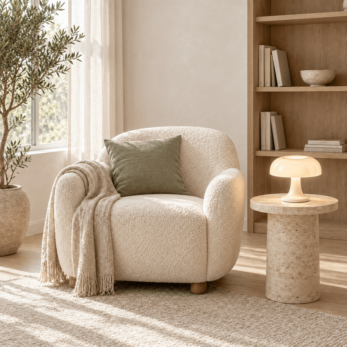 Lampe champignon Milo blanche sur une table d'appoint en travertin, coin lecture