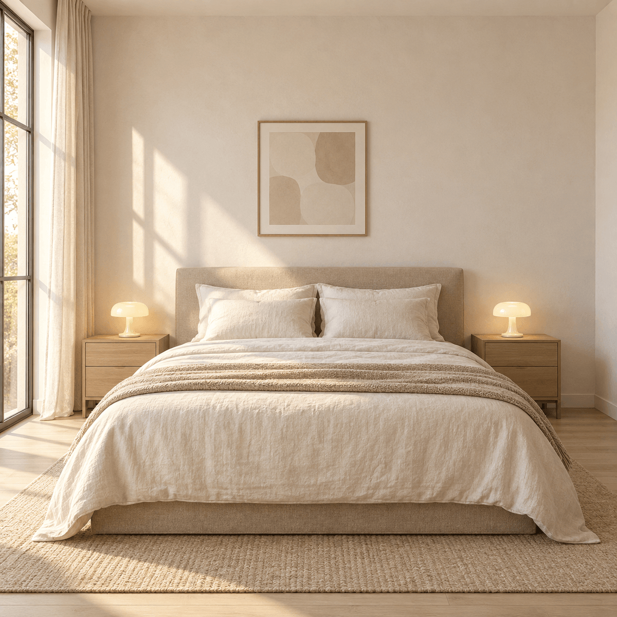 Deux lampes champignon Milo blanches sur les chevets d'une chambre