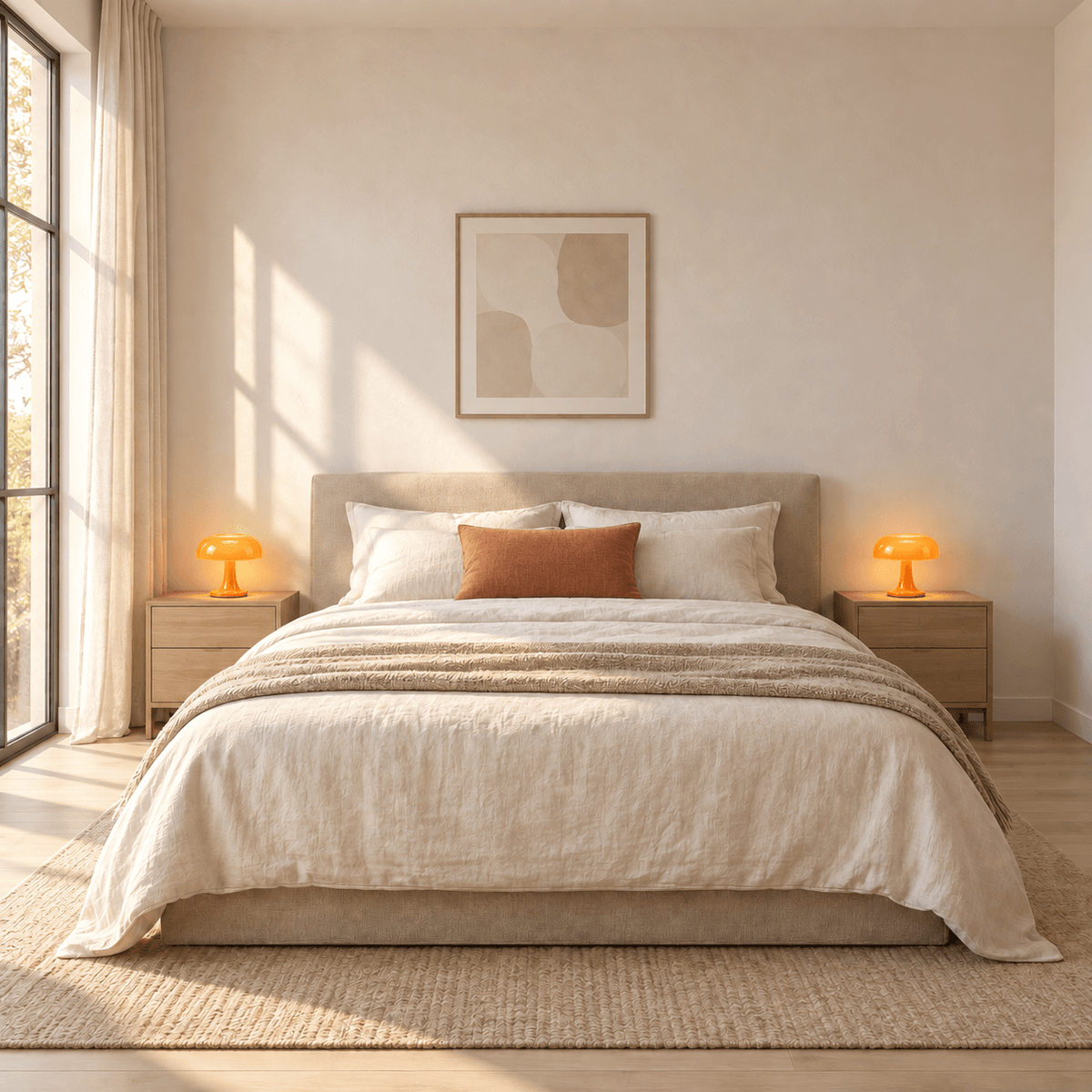 Deux lampes champignon Milo orange sur les chevets d'une chambre