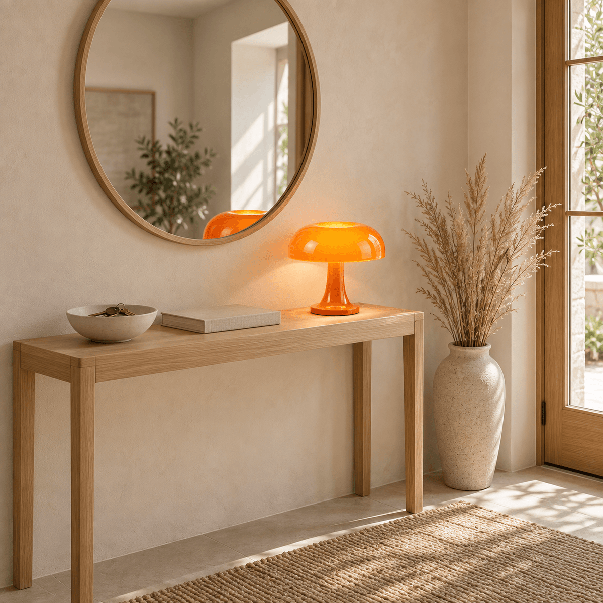 Lampe champignon Milo orange sur une console d'entrée sous un miroir