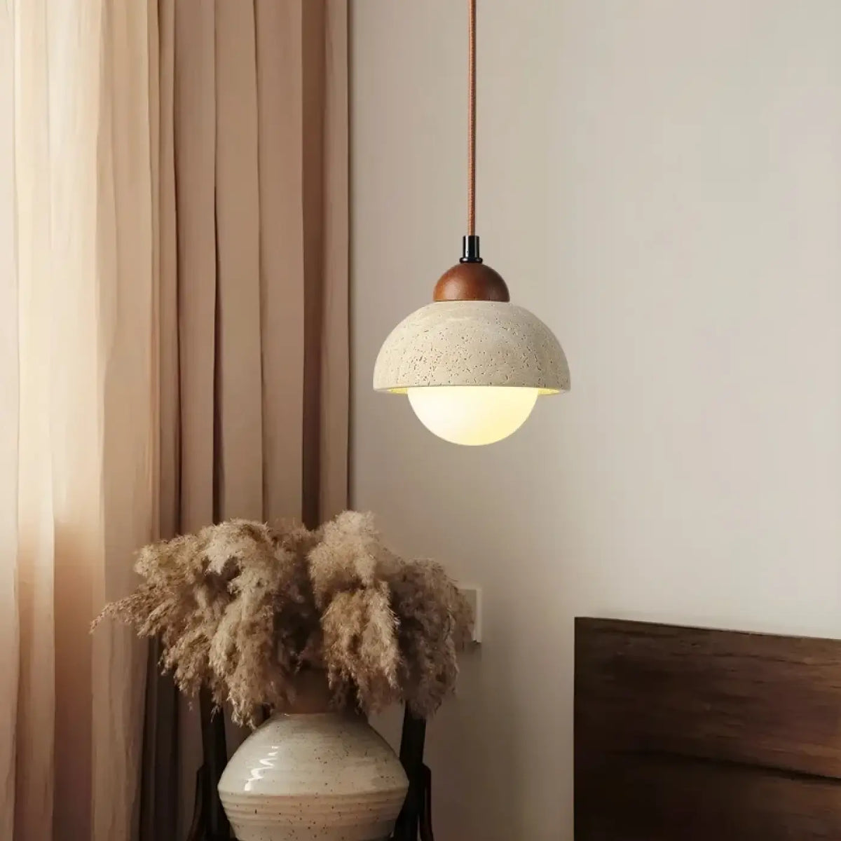 Suspension Bois, Travertin et Verre Ambré – Gralo