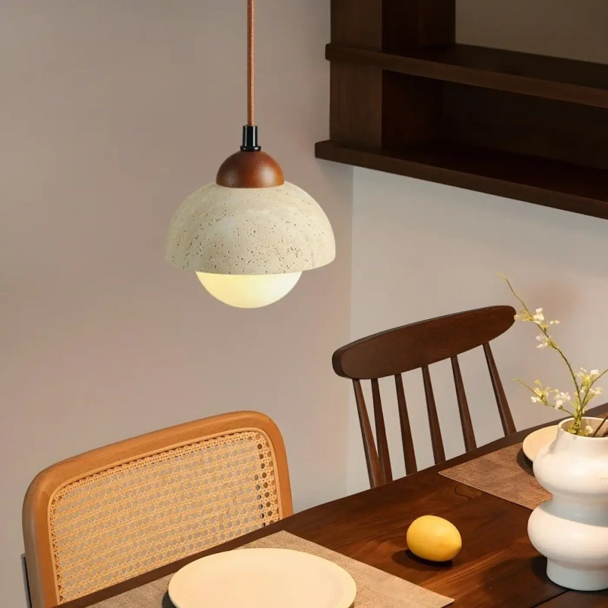Suspension Bois, Travertin et Verre Ambré – Gralo