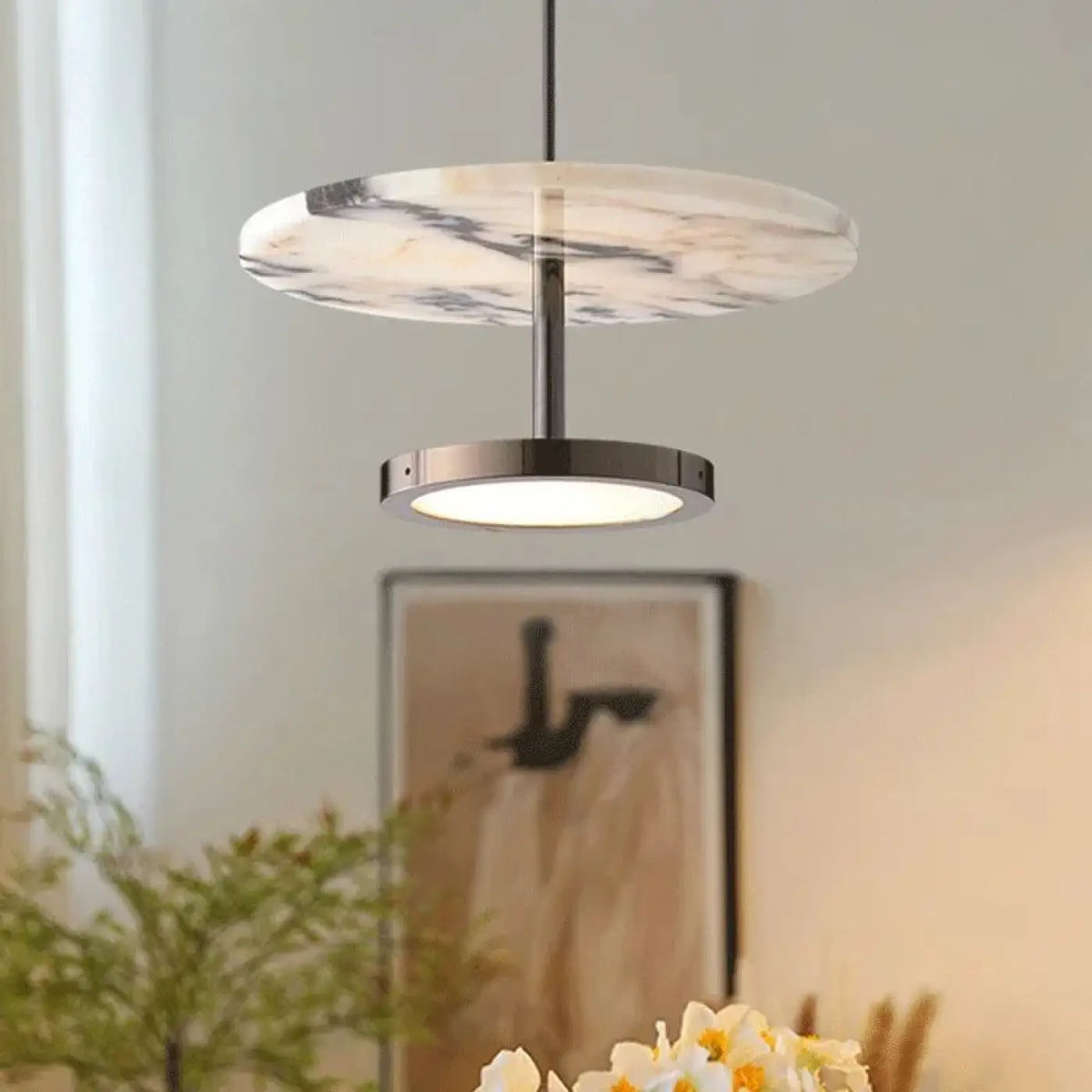 Suspension Marbre Veiné et Anneau LED – Zolis