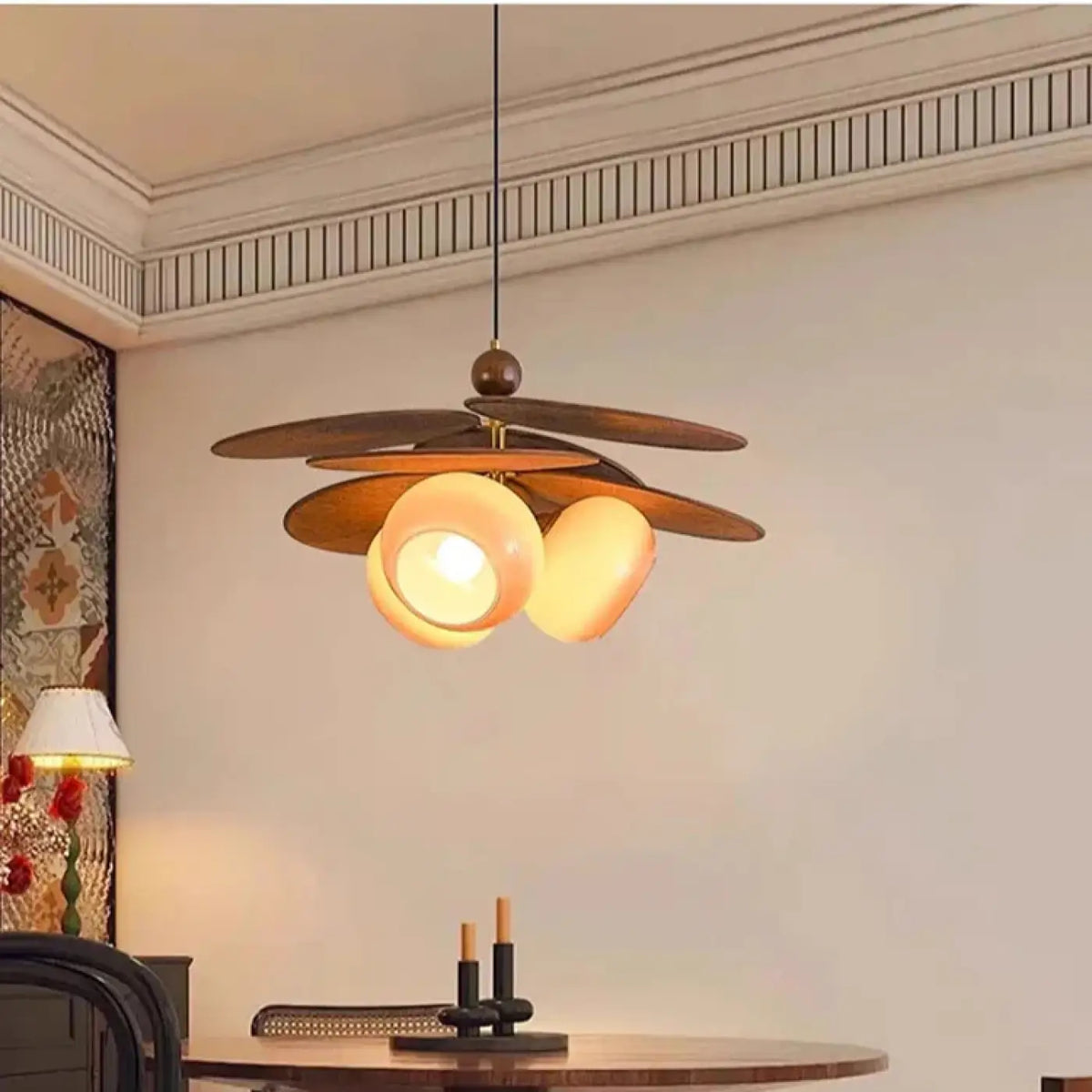 Suspension Bois et Verre Opalin Triple – Rolio