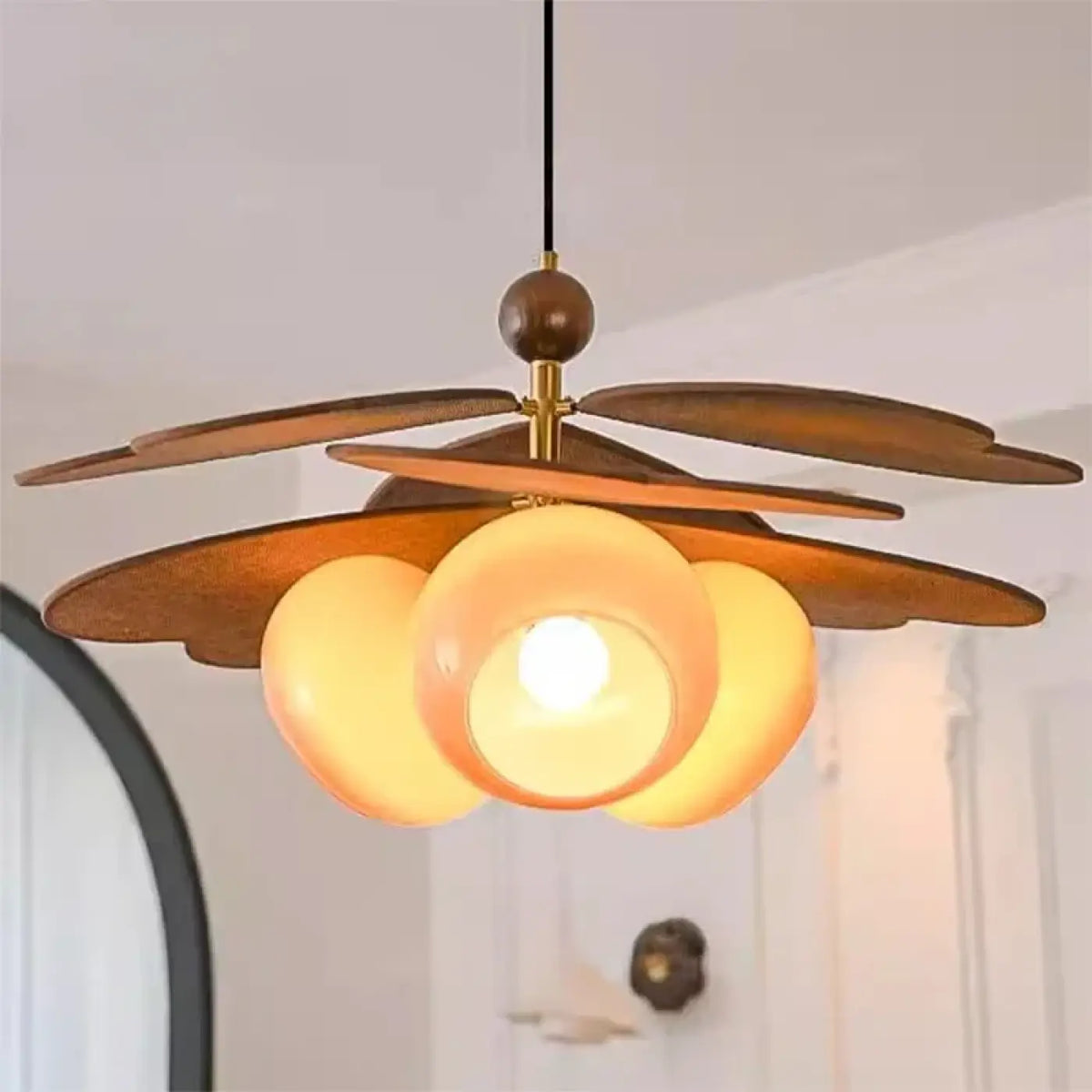 Suspension Bois et Verre Opalin Triple – Rolio