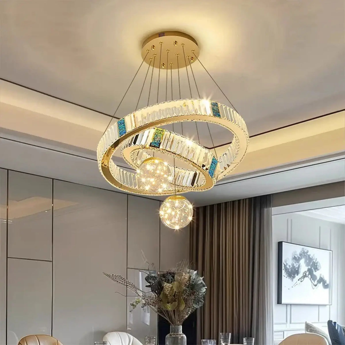 Suspension LED Cristal et Anneaux Dorés – Prosis