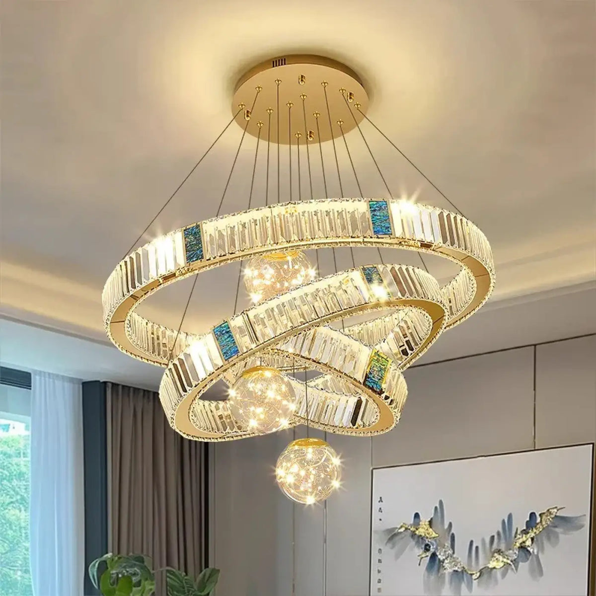 Suspension LED Cristal et Anneaux Dorés – Prosis