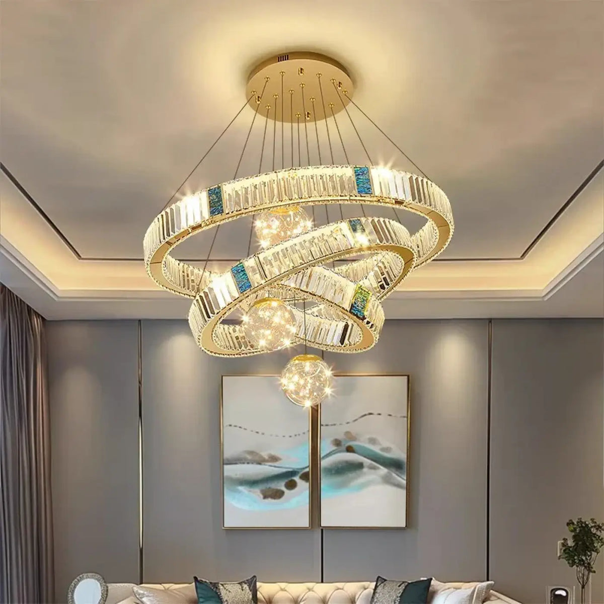 Suspension LED Cristal et Anneaux Dorés – Prosis