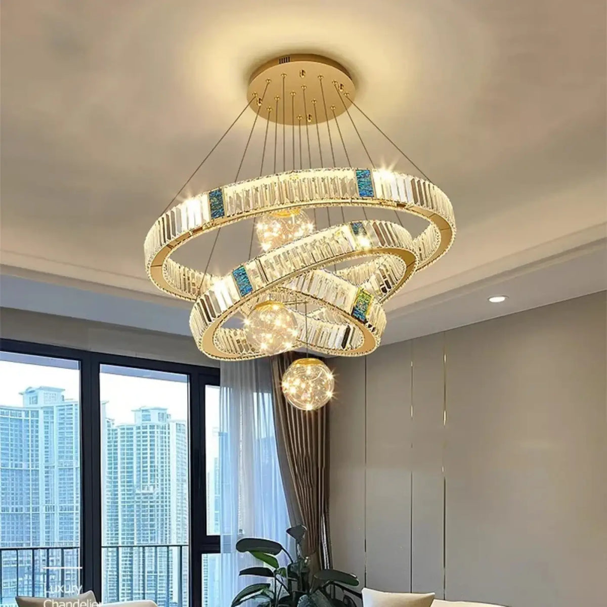 Suspension LED Cristal et Anneaux Dorés – Prosis