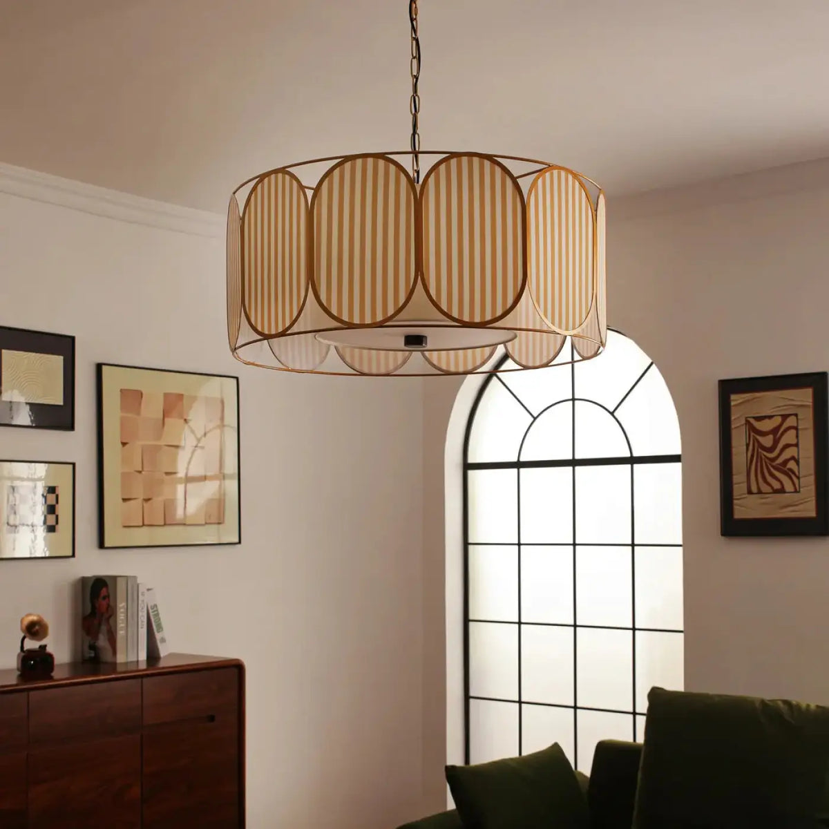 Suspension Art Déco Striée Beige et Or – Dalan